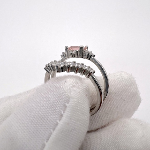 .925 Sterling Silver Light Morganite Cz & Clear Cz 2 PC Ring Set - Picture 13 of 17